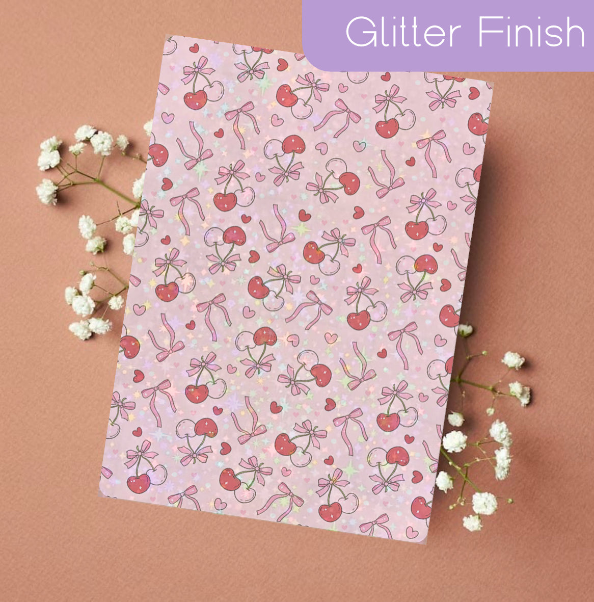 Pink Kindle insert with glitter finish featuring cherries and bows pattern on soft organic fabric. - Kindle Insert - Cherry & Bows