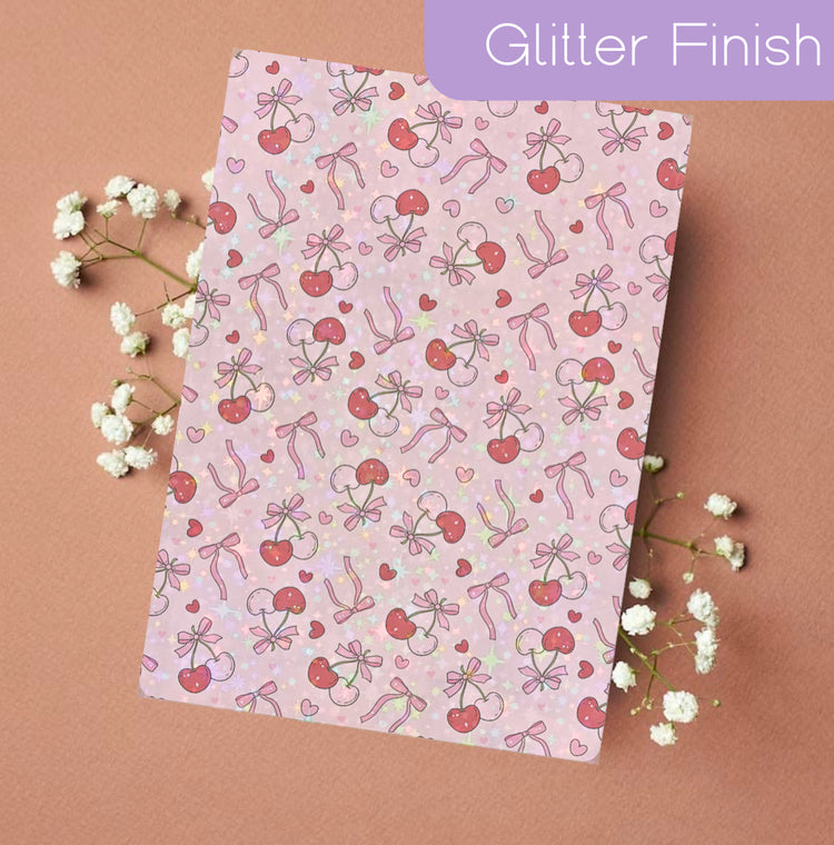 Pink Kindle insert with glitter finish featuring cherries and bows pattern on soft organic fabric. - Kindle Insert - Cherry & Bows