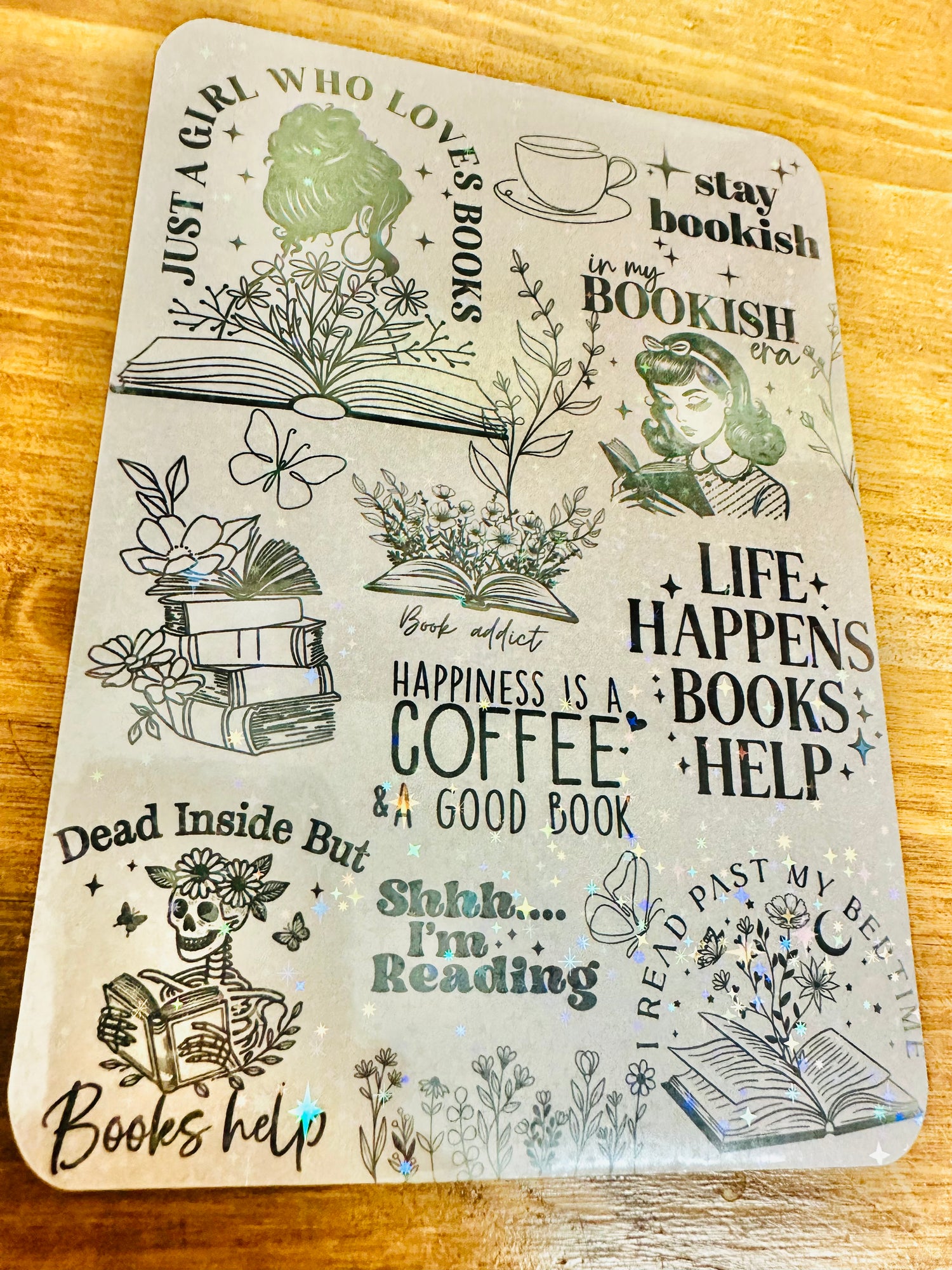 Beige handmade organic Kindle Insert with black vintage bookish quotes and illustrations on wood background. - Kindle Insert - Brown Bookish