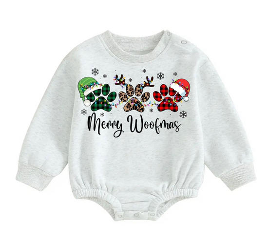 Merry Woofmas fleece Baby Oversized christmas Sweatshirt Romper Hippo Boutique