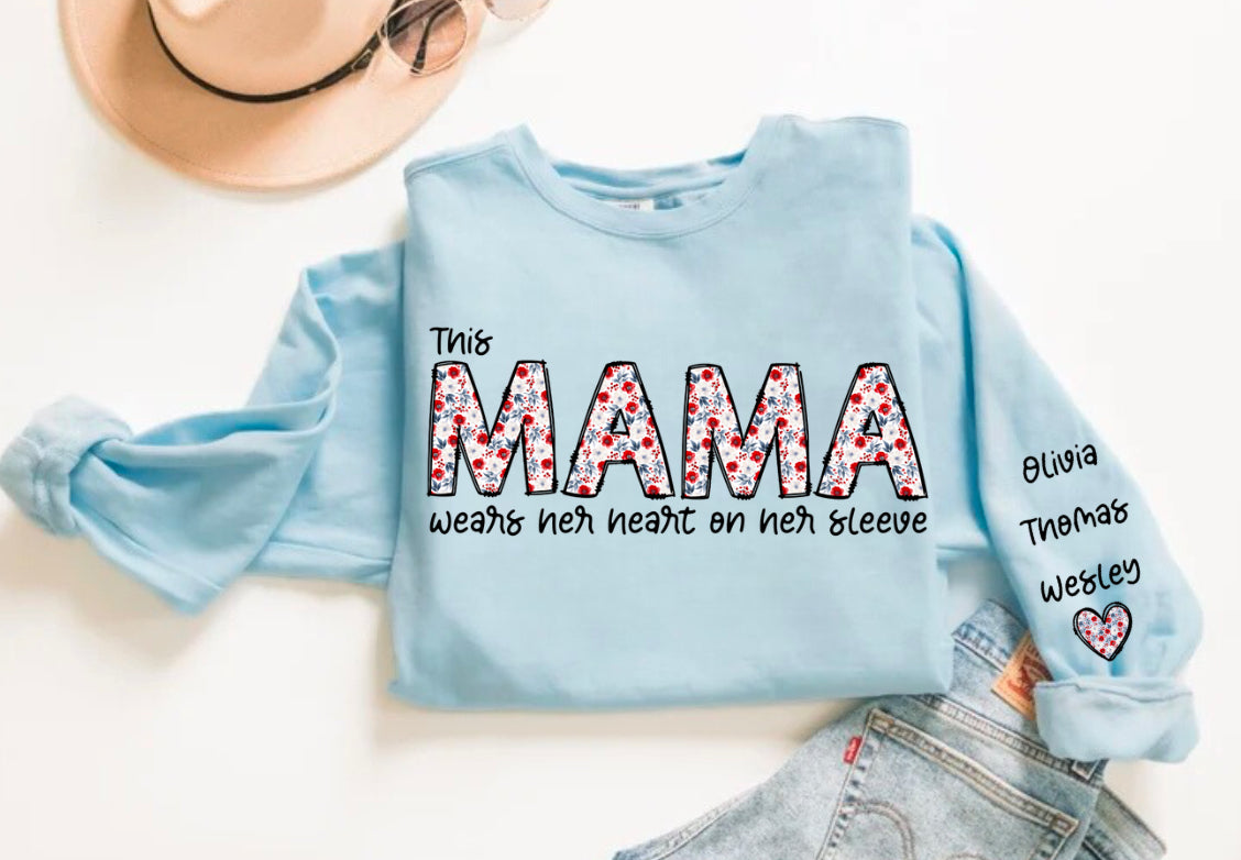 Custom Floral Mama Sweatshirt with children’s name on sleeve Hippo Boutique