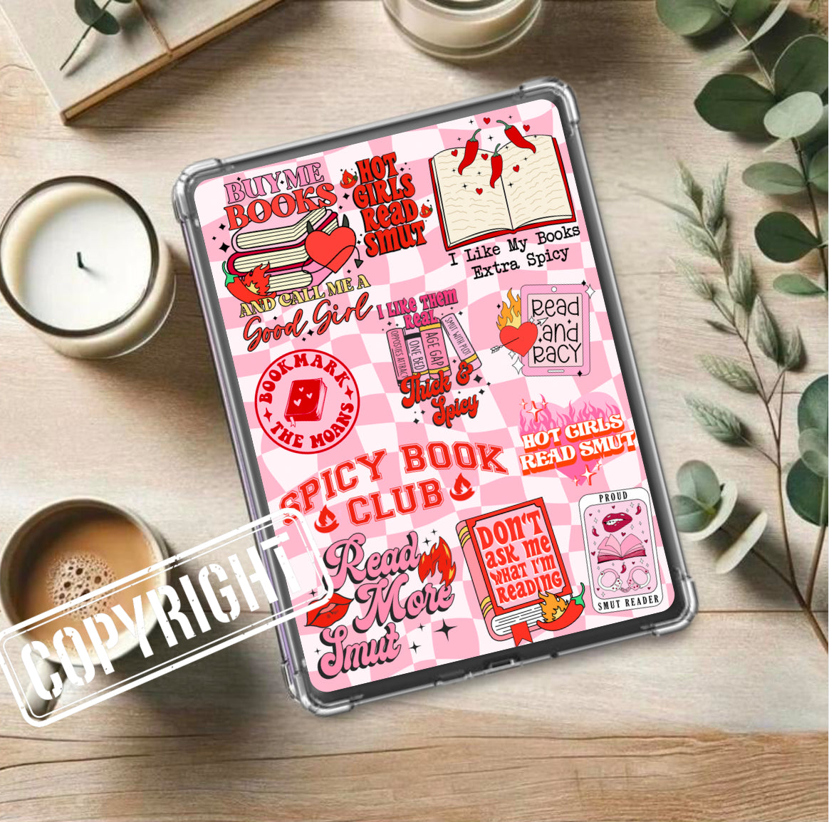 Pink Kindle insert with spicy romance book-themed stickers, handmade organic design. - Kindle Insert - Smut Romance