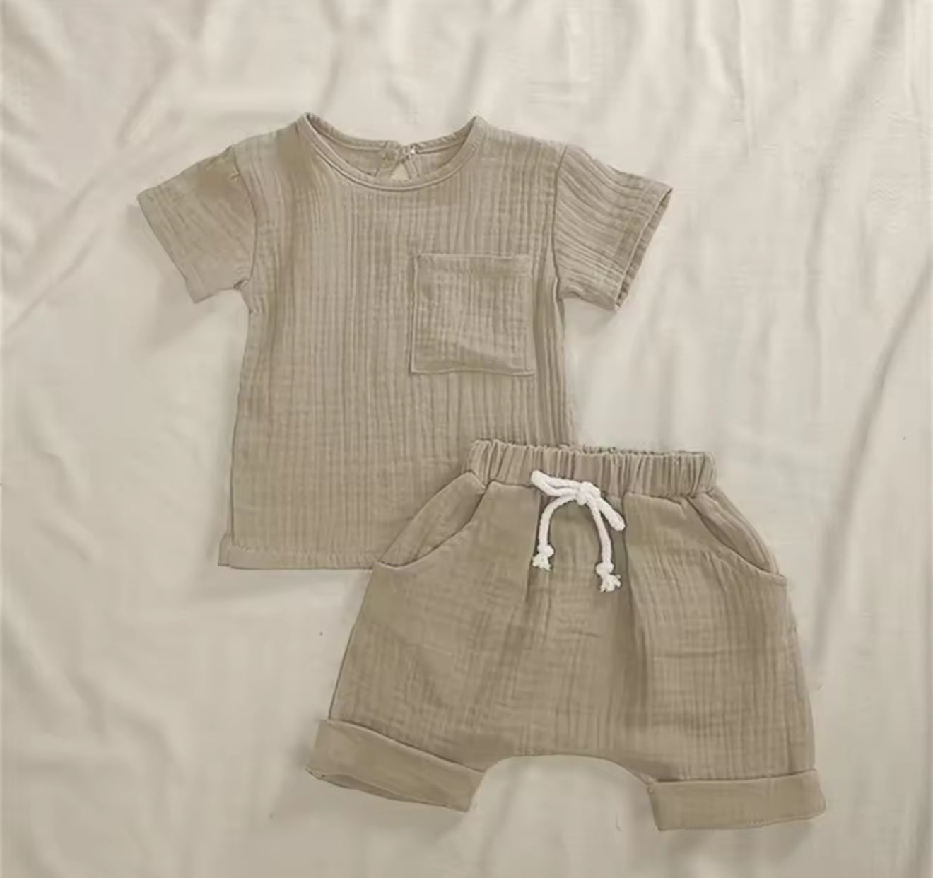 Handmade organic Canadian baby clothes light beige waffle cotton t-shirt and shorts set. - Waffle Cotton T-Shirt & Shorts Outfit