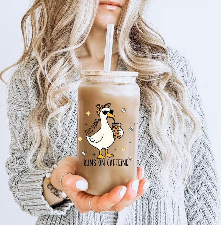 This Mama Runs on Caffeine Goose glass Tumbler Hippo Boutique