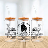 Clear glass tumbler with orange lid and straw, black floral and book lover design, Canadian handmade style. - Floral Just a Girl Who Loves Books Glass Cup