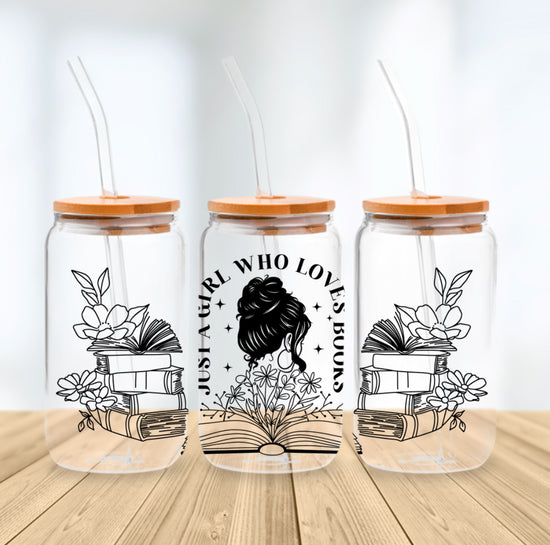 Clear glass tumbler with orange lid and straw, black floral and book lover design, Canadian handmade style. - Floral Just a Girl Who Loves Books Glass Cup