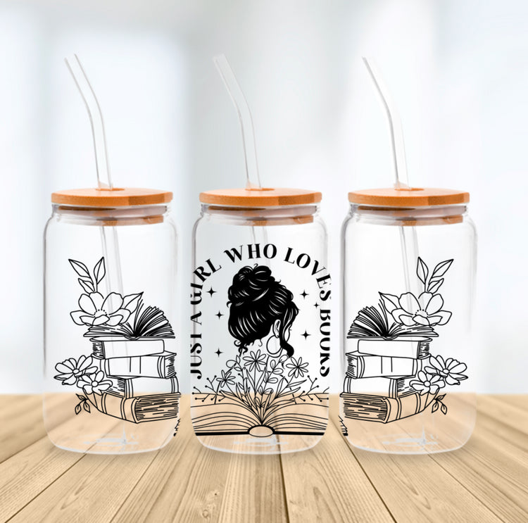 Clear glass tumbler with orange lid and straw, black floral and book lover design, Canadian handmade style. - Floral Just a Girl Who Loves Books Glass Cup