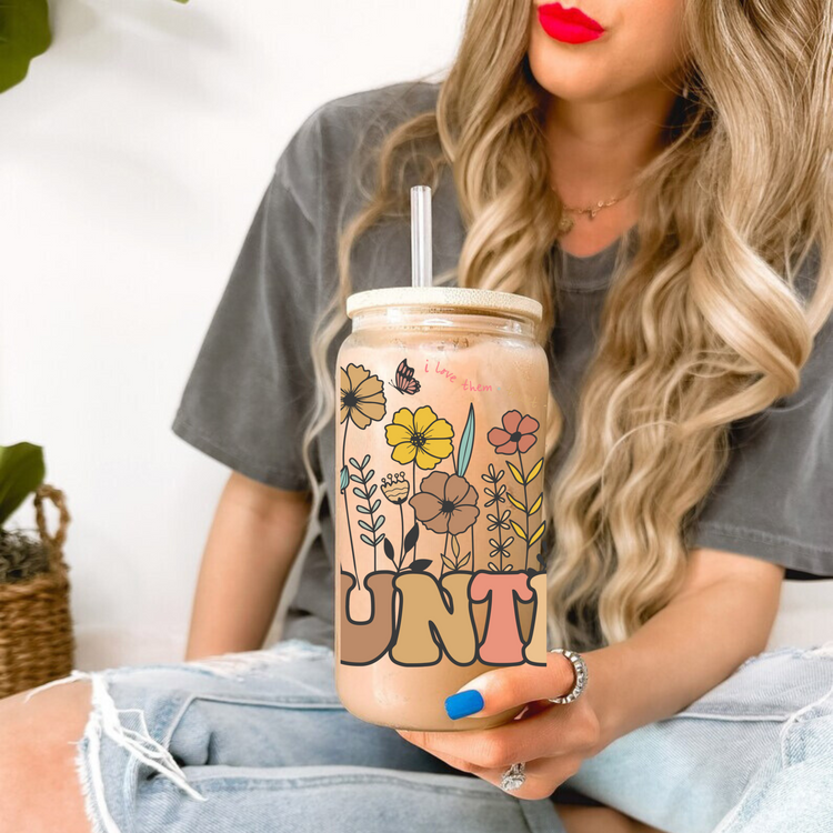 Floral Auntie Glass Tumbler Cups Hippo Boutique