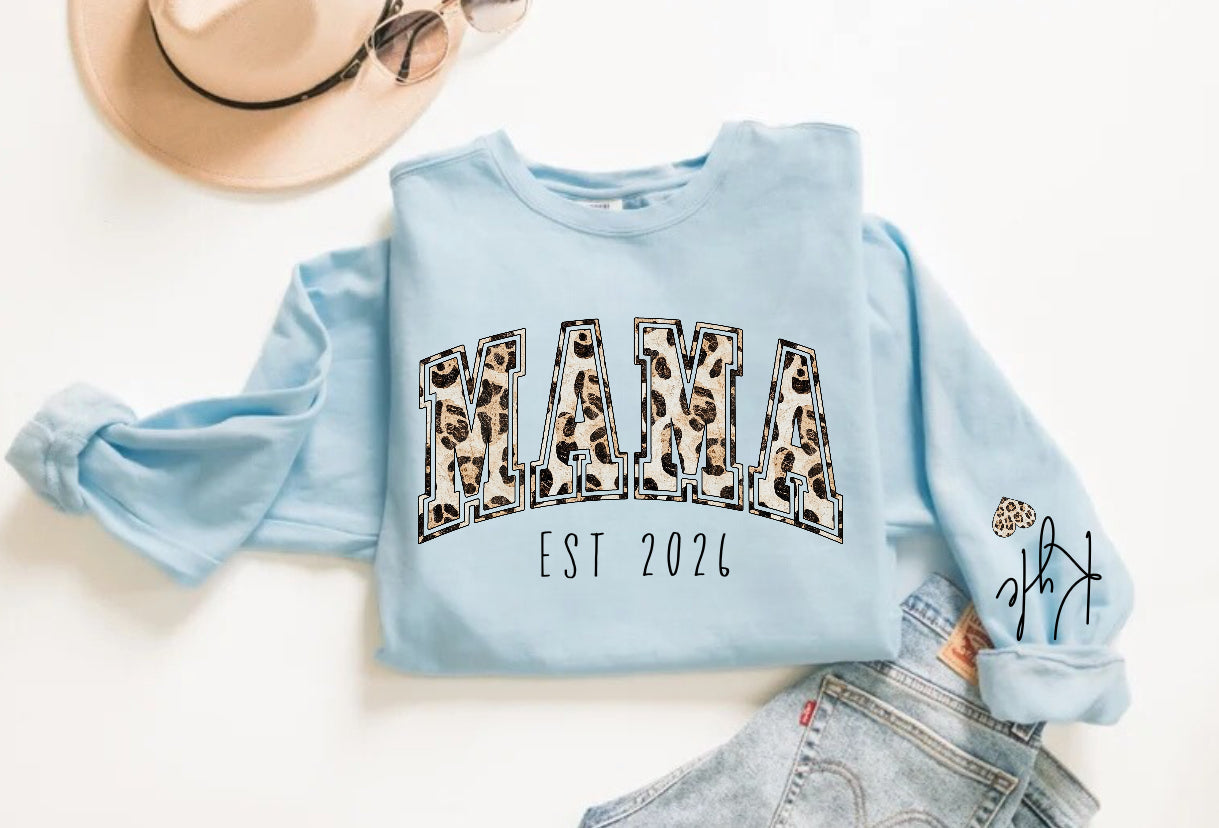 Custom Mama Leaopard Print Sweatshirt with children’s name on sleeve Hippo Boutique