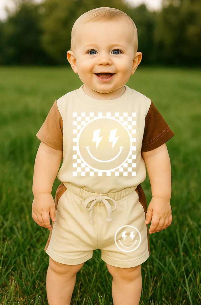 Retro Smile Baby and Kids cotton color block t-shirt & shorts outfit