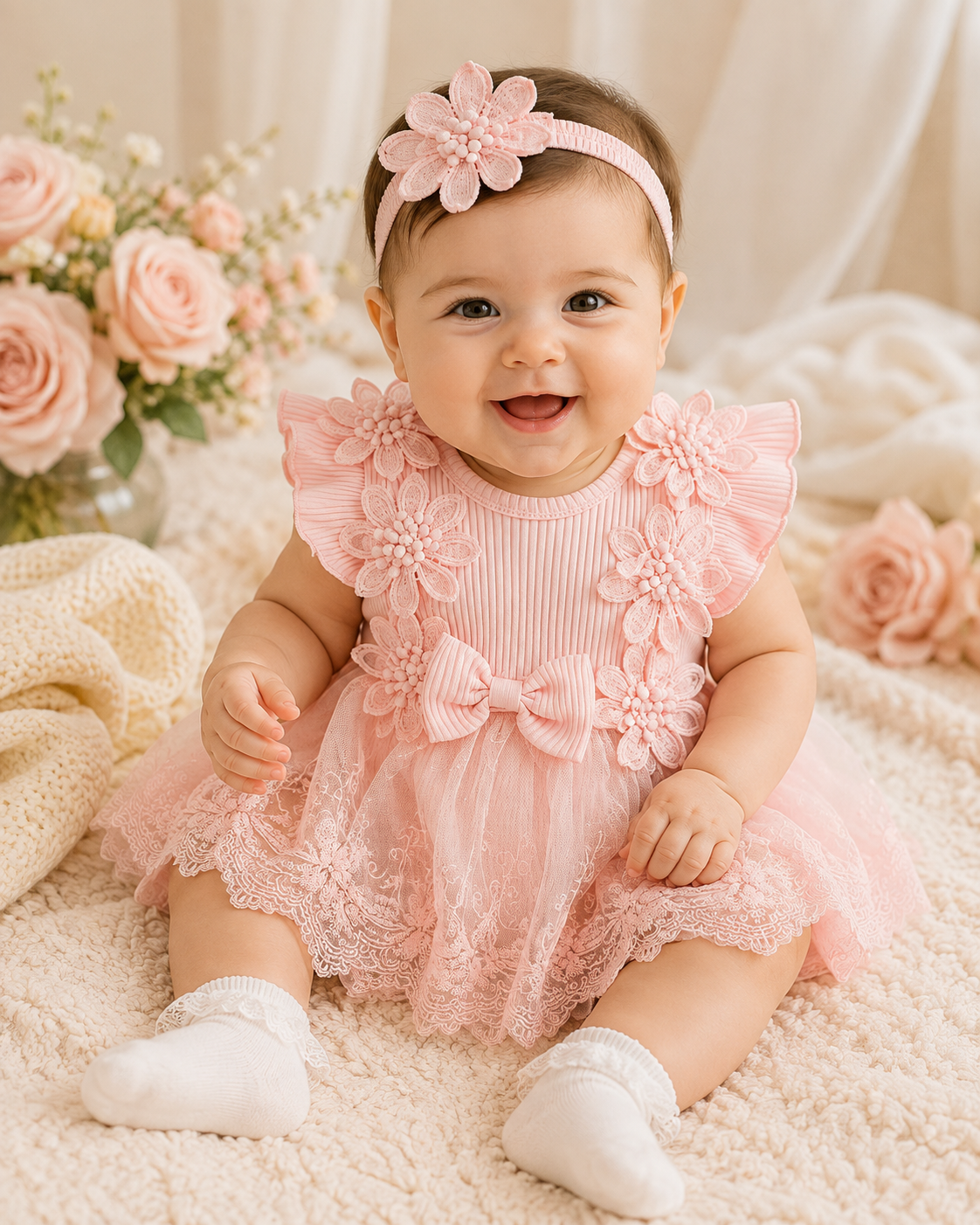 Floral Lace Baby Girl Dress Romper with Matching Flower Headband Hippo Boutique