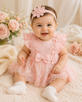 Floral Lace Baby Girl Dress Romper with Matching Flower Headband Hippo Boutique
