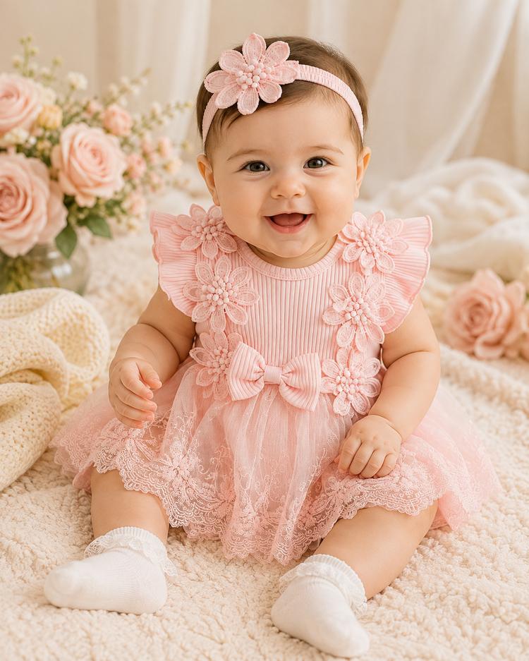 Floral Lace Baby Girl Dress Romper with Matching Flower Headband Hippo Boutique