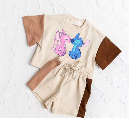 Stitch Baby and Kids cotton color block t-shirt & shorts outfit