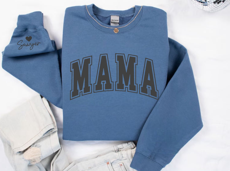 Varsity Mama Sweatshirt with children’s name on sleeve Hippo Boutique