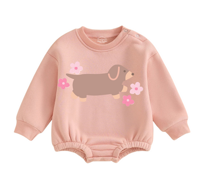 Soft warm fleece oversized Romper - Dashchund Floral Hippo Boutique