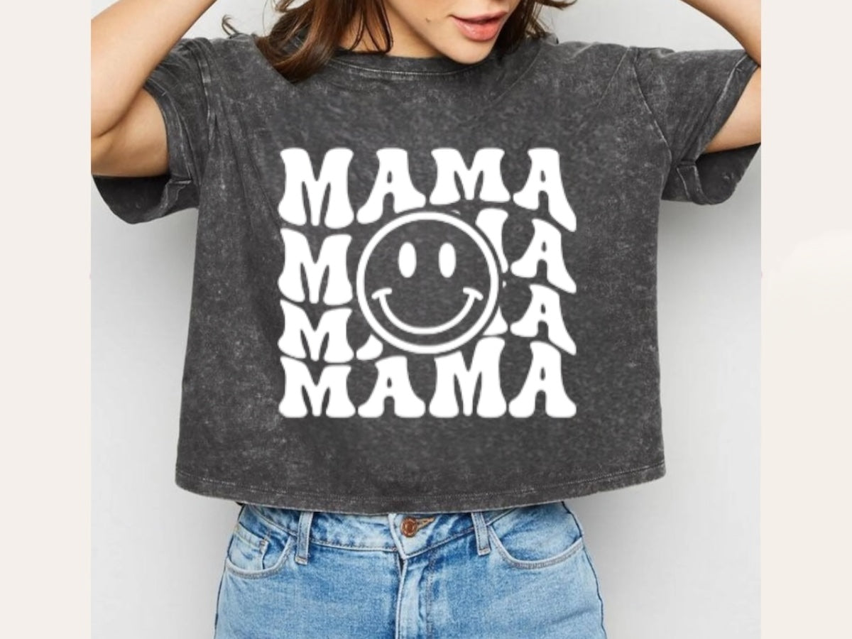 Retro Mama Smile Acid Washed 100% Cotton Oversized Cropped T-Shirts Hippo Boutique
