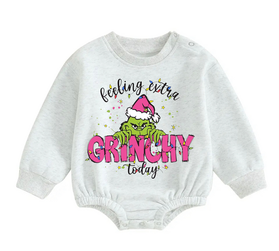 Feeling Grinchy fleece Baby Oversized christmas Sweatshirt Romper Hippo Boutique
