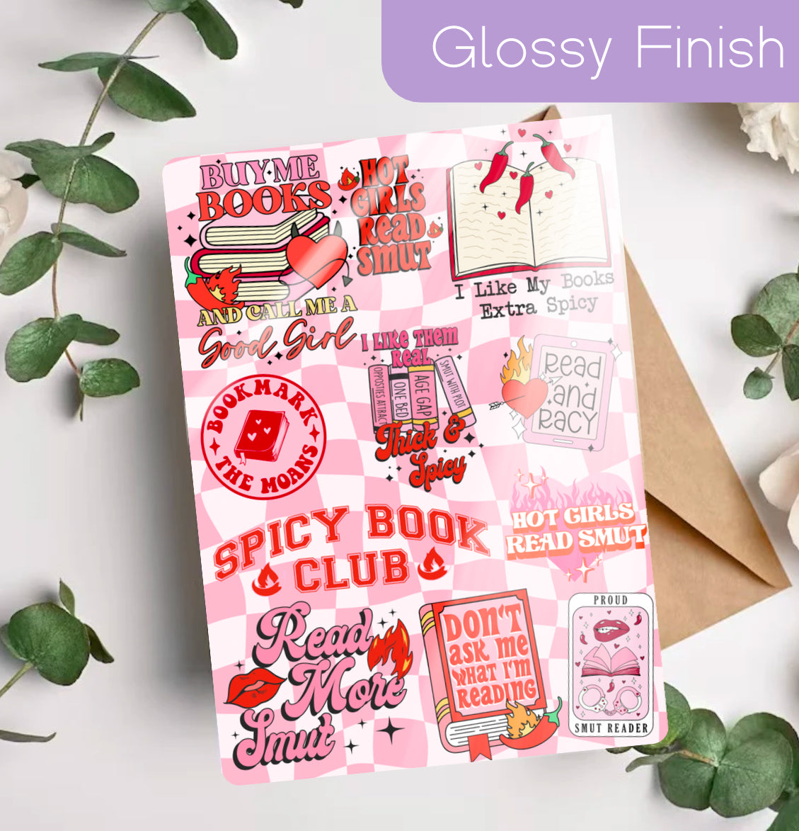 Glossy pink Kindle insert with playful smut romance-themed stickers and bold text designs. - Kindle Insert - Smut Romance