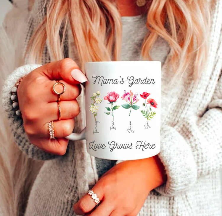 Mama’s Garden Personalize Birth Flower and kids names coffee mug Hippo Boutique