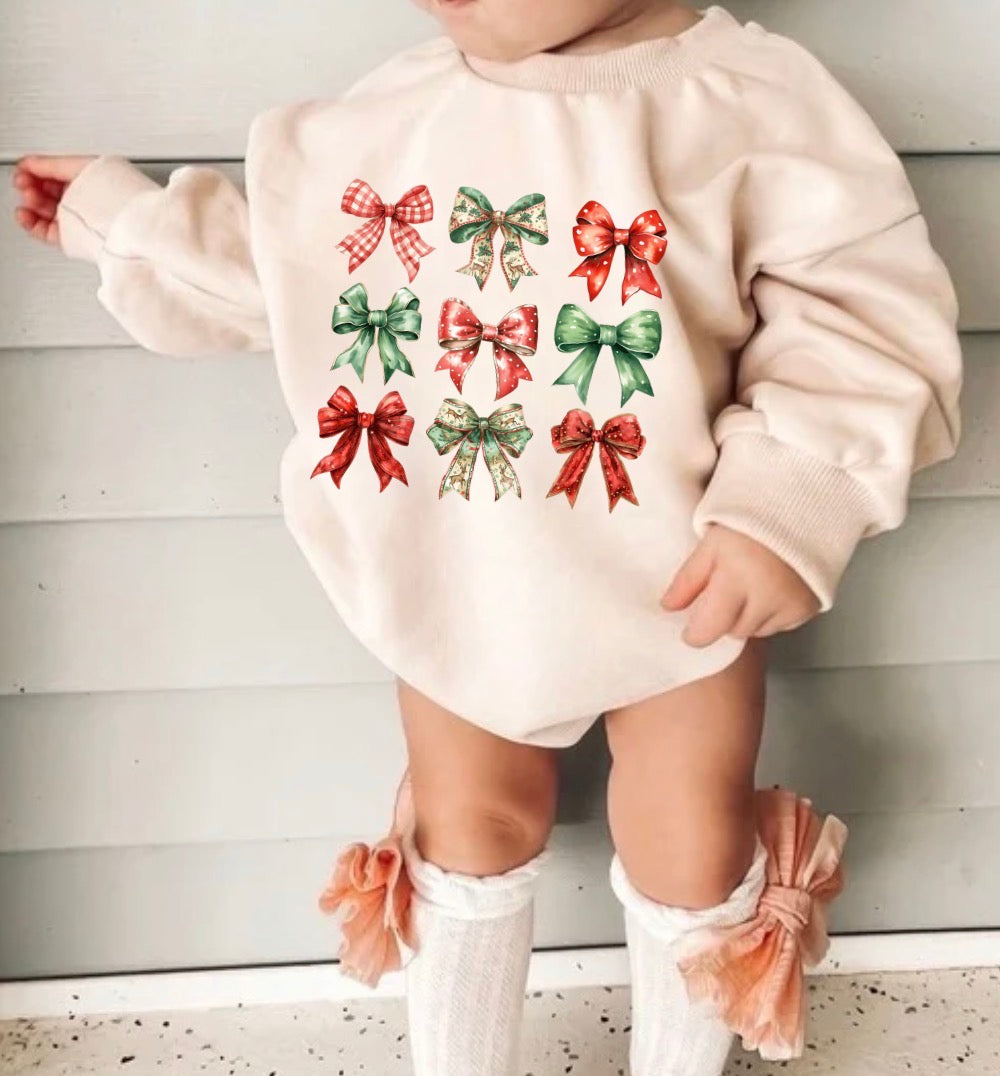 Christmas Bows Baby Sweatshirt Bubble Romper Hippo Boutique