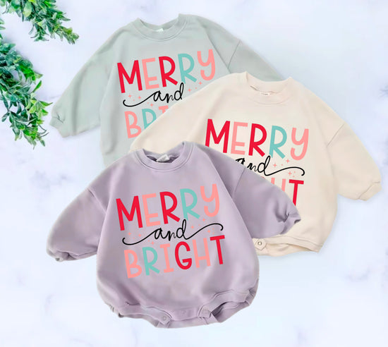 Merry and Bright Christmas baby Oversized Sweatshirt Romper Hippo Boutique