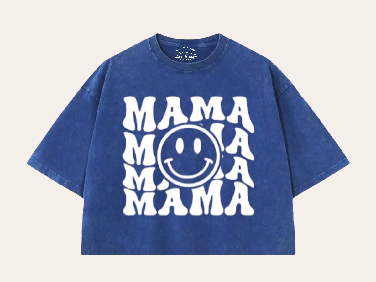 Retro Mama Smile Acid Washed 100% Cotton Oversized Cropped T-Shirts Hippo Boutique