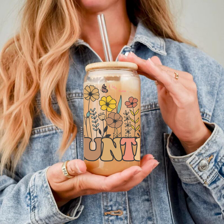 Floral Auntie Glass Tumbler Cups Hippo Boutique