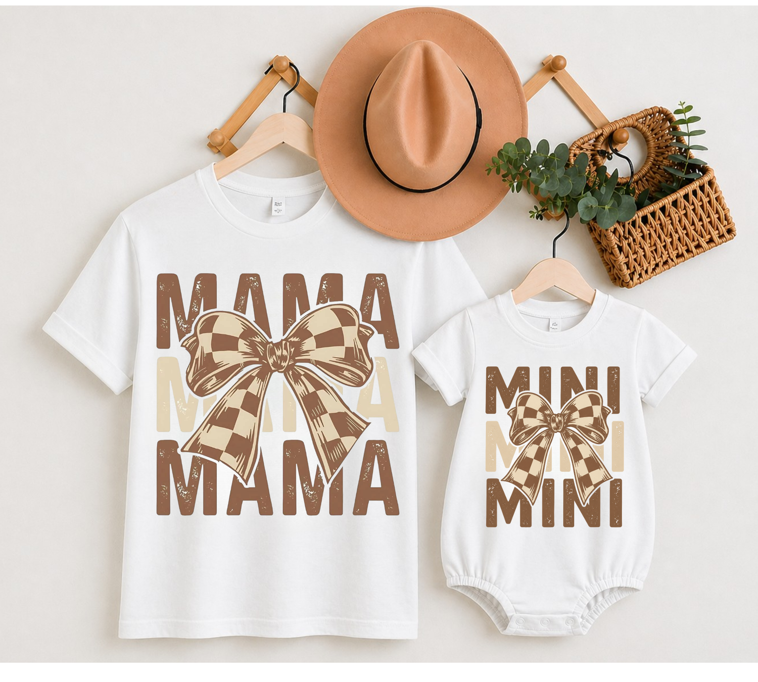 Mama & Mini Matching T-Shirts & Romper - Brown Checkered Bow Hippo Boutique