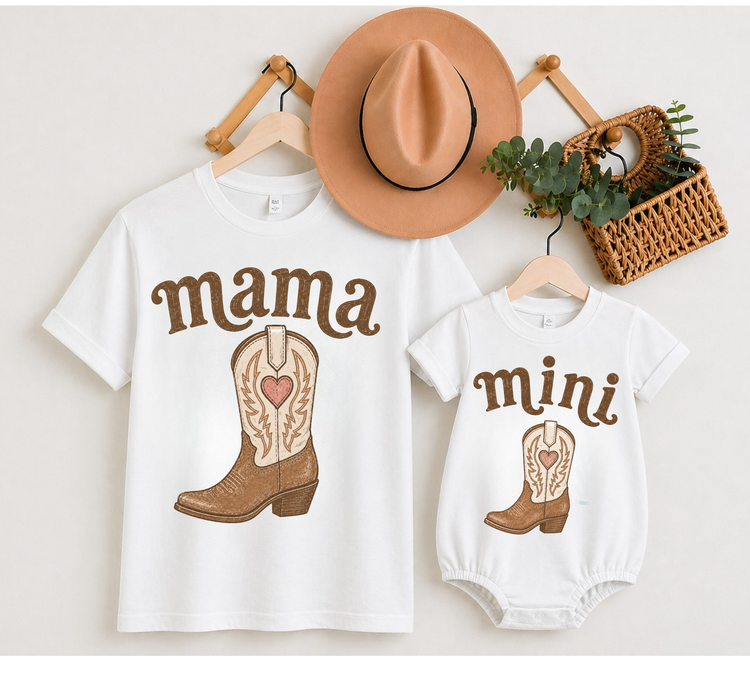 Mama & Mini Matching T-Shirts & Romper - Cowboy Boot Hippo Boutique