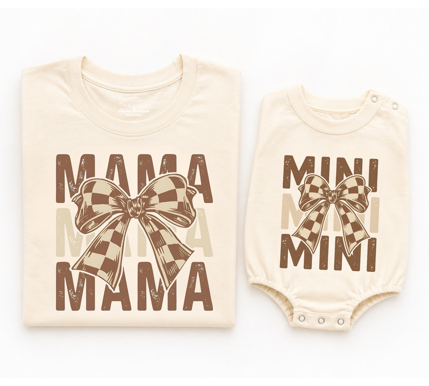 Mama & Mini Matching T-Shirts & Romper - Brown Checkered Bow Hippo Boutique