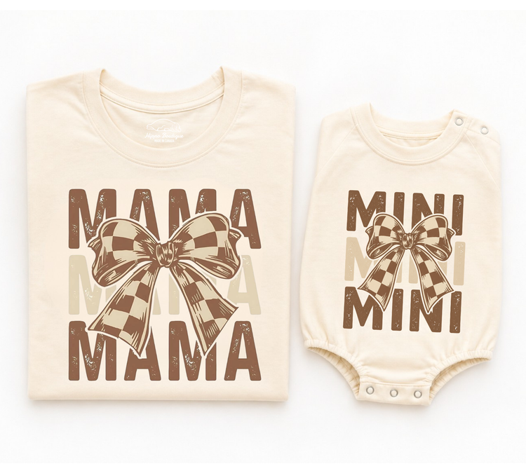 Mama & Mini Matching T-Shirts & Romper - Brown Checkered Bow Hippo Boutique