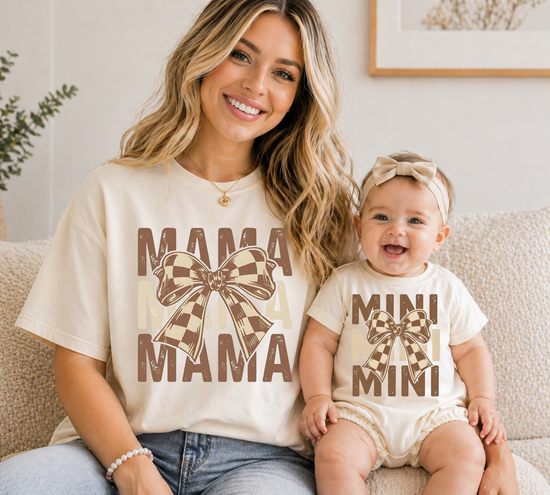 Mama & Mini Matching T-Shirts & Romper - Brown Checkered Bow Hippo Boutique