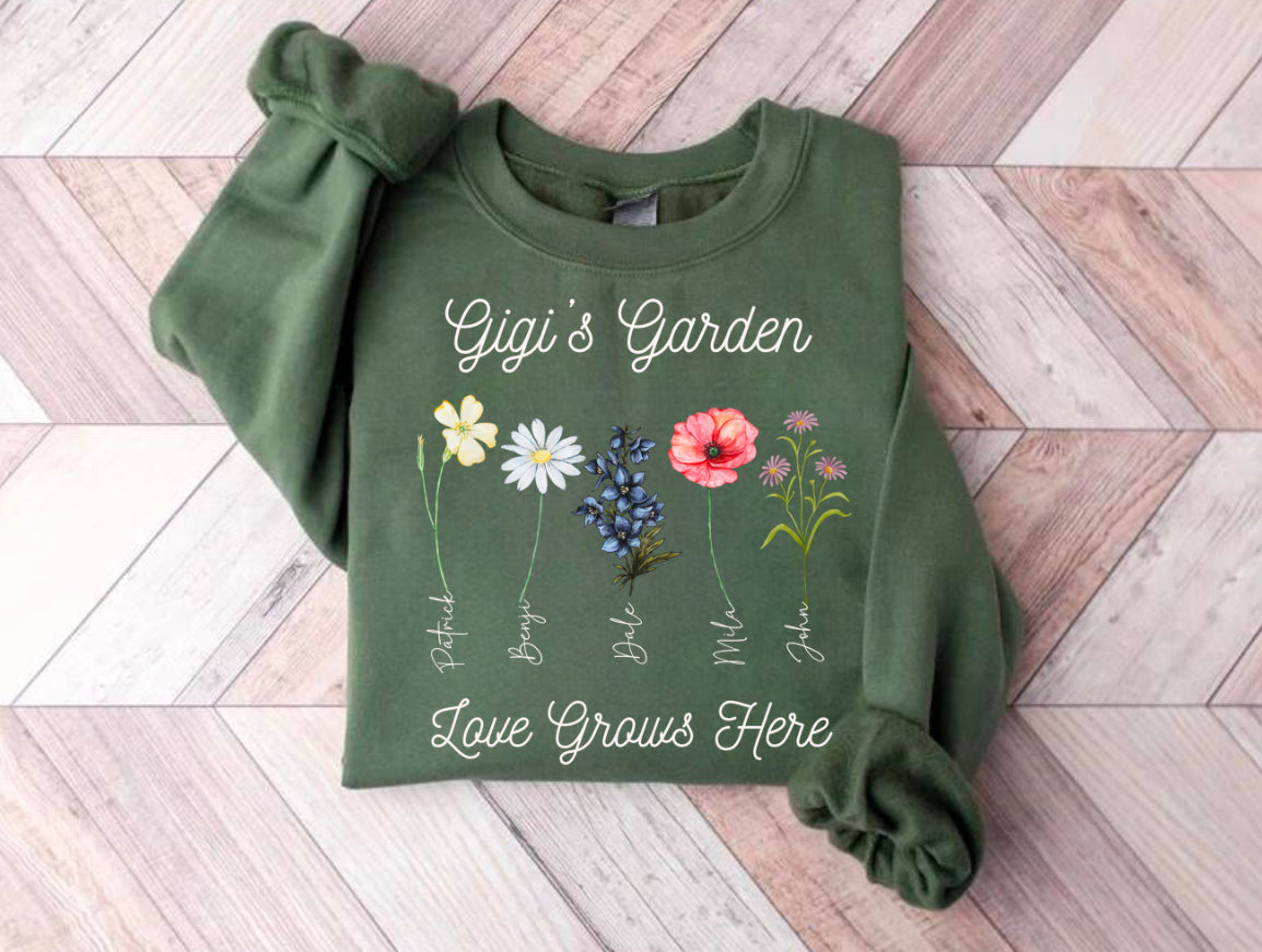 Custom Grandmas Garden Sweatshirt with kids names and birth flowers Hippo Boutique