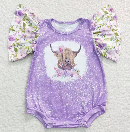 Adorable baby & toddler girl western purple buffalo print sleeveless romper with pretty floral sleeve ruffles