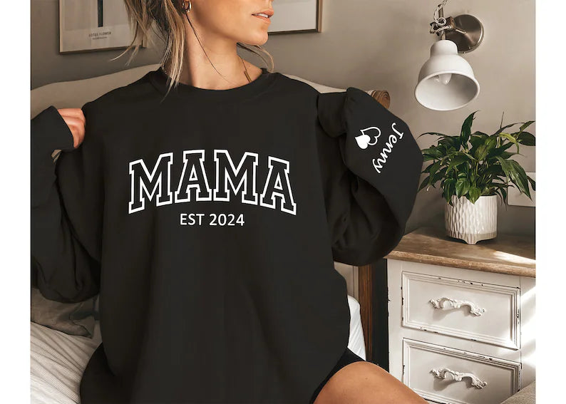 Custom Varsity Mama Sweatshirt with children’s name on sleeve Hippo Boutique