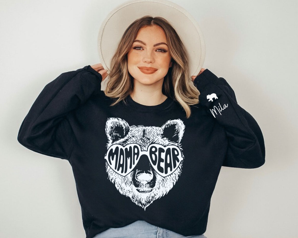 Custom Mama Bear Sweatshirt with children’s name on sleeve Hippo Boutique