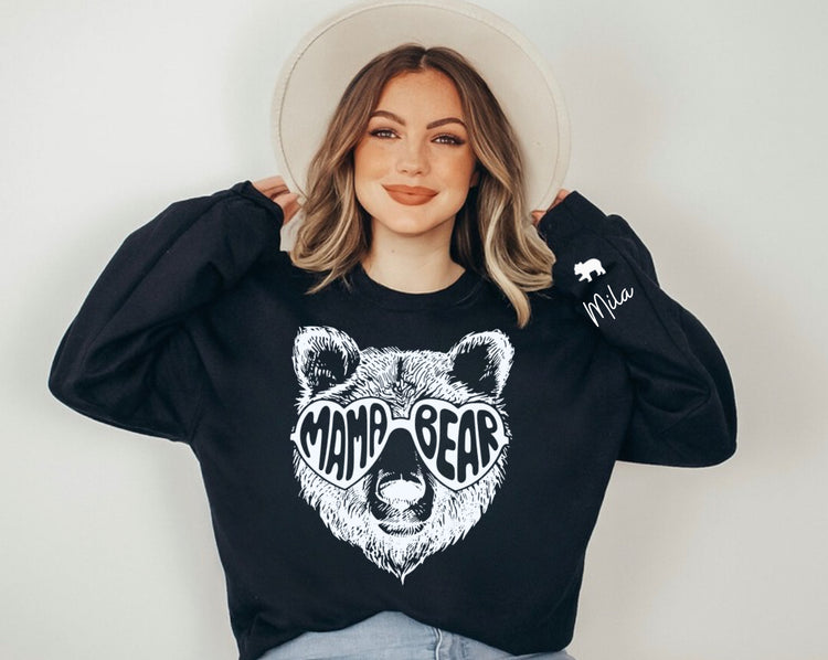 Custom Mama Bear Sweatshirt with children’s name on sleeve Hippo Boutique