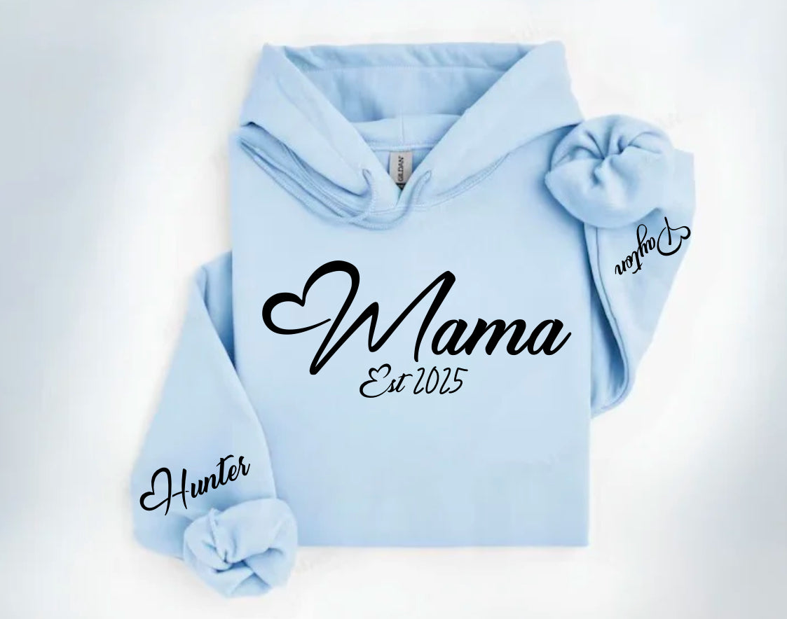 Custom Mama Hoodie with children’s name on sleeve Hippo Boutique