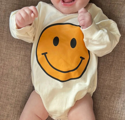 Yellow Smiley Face Sweatshirt Bubble Romper Hippo Boutique