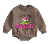 Feeling Grinchy fleece Baby Oversized christmas Sweatshirt Romper Hippo Boutique