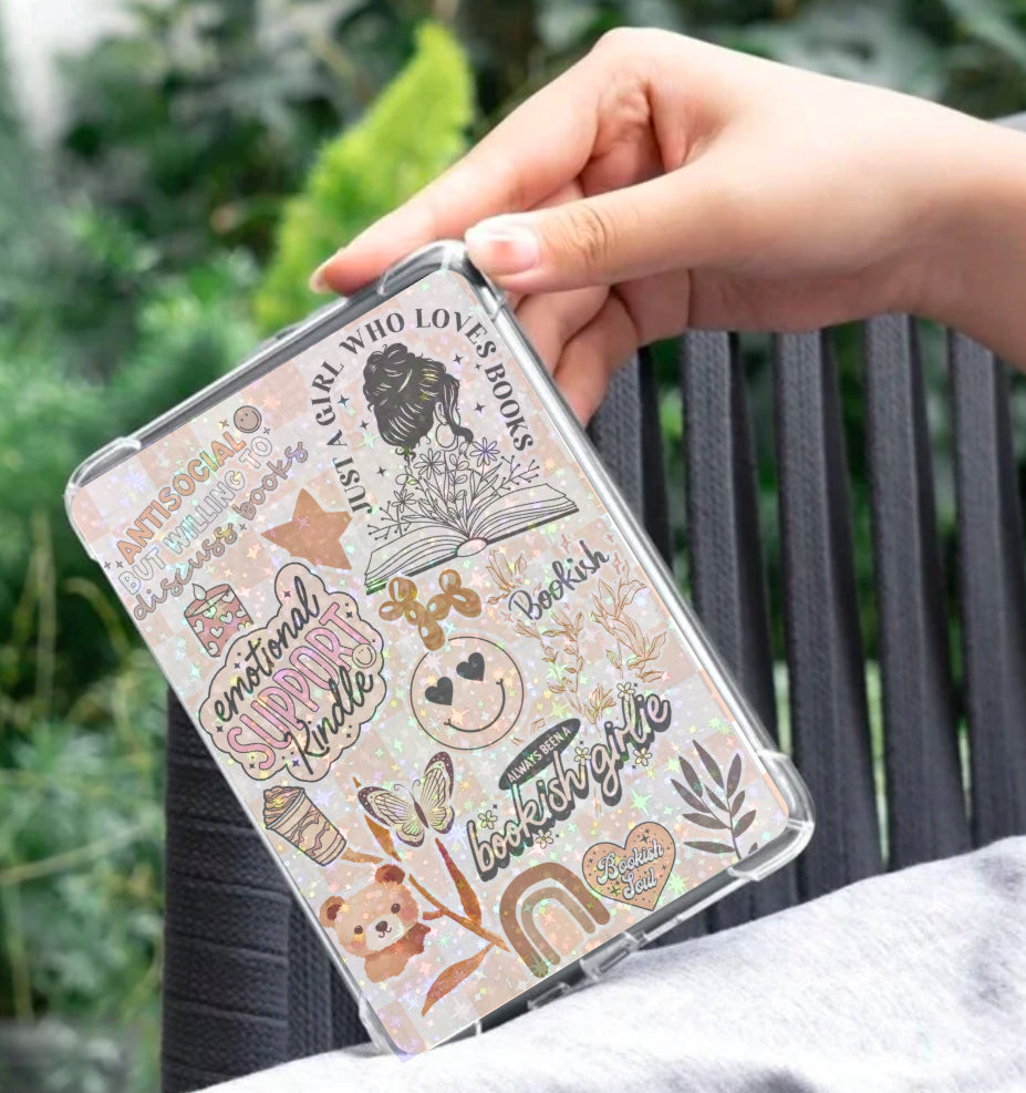 Brown checkered Kindle insert with vintage floral and bookish collage, handmade and organic design. - Kindle Insert - Brown Checkered Bookish