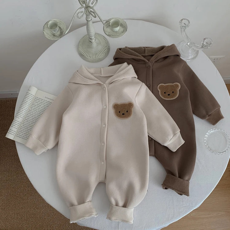 Teddy Hooded Romper Zip Up Bodysuit Hippo Boutique