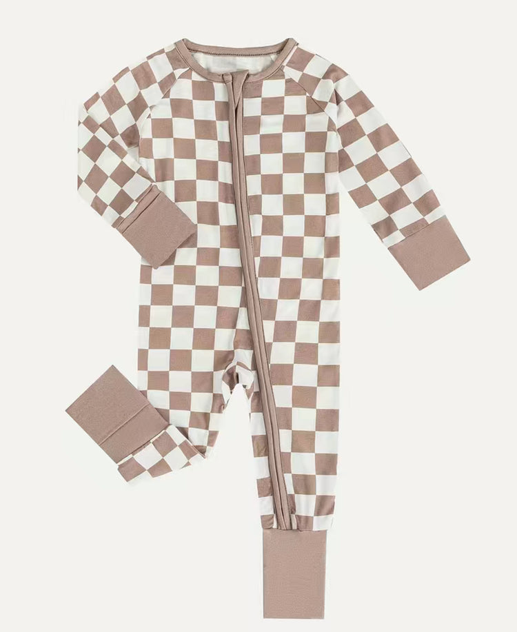 Sand Checkered Long Sleeve Bamboo Bodysuit Hippo Boutique