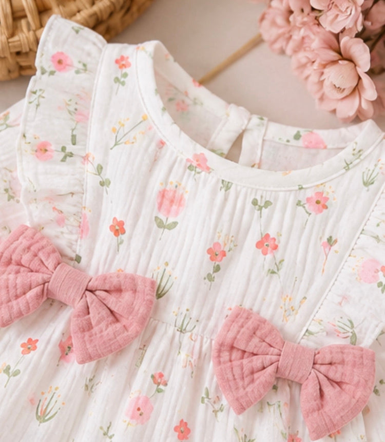 Floral Baby Girl Romper with Pink Bows & Matching Bow Headband Hippo Boutique