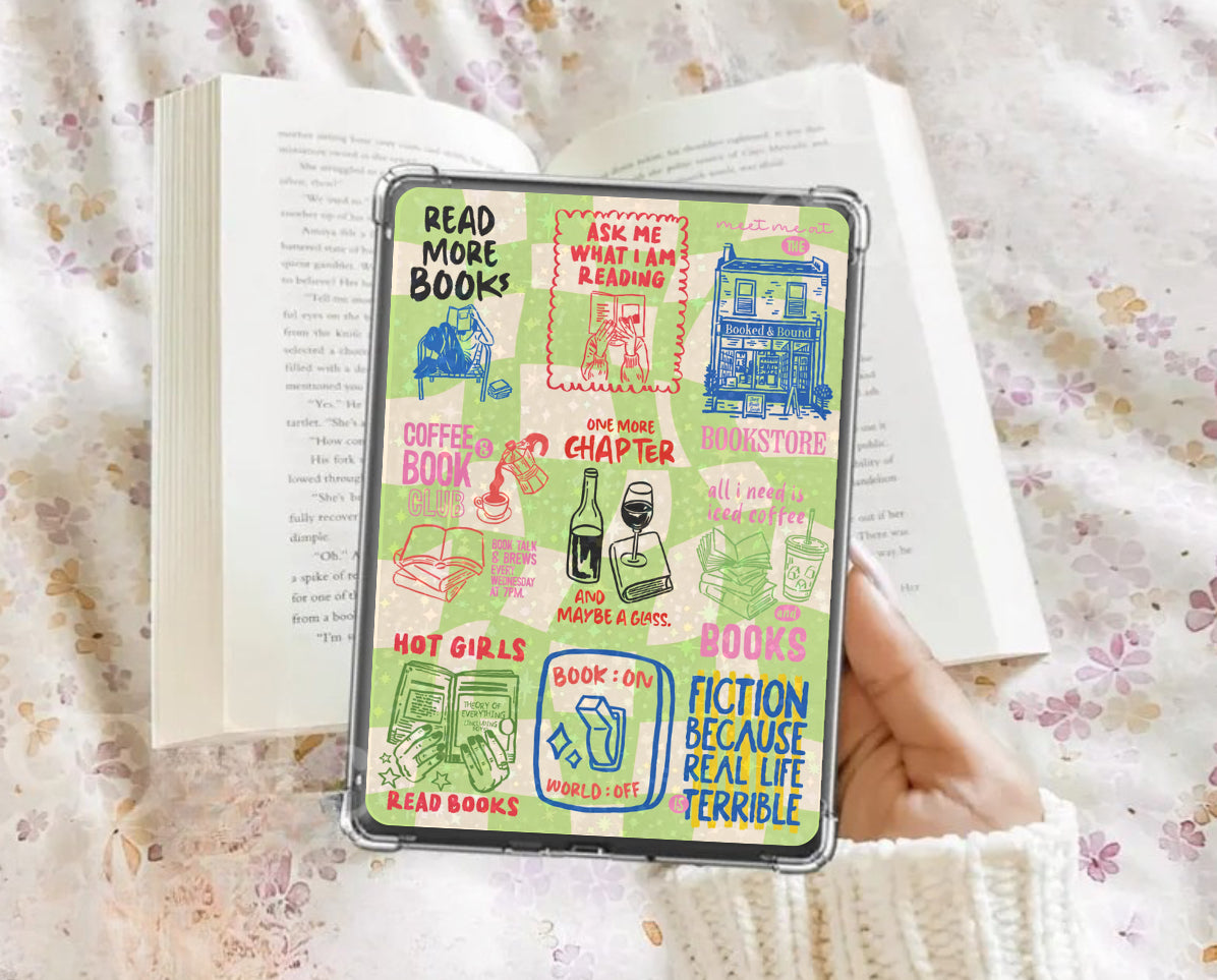 Pink checkered Kindle insert with hand drawn bookish designs green kindle insert halo graphic kindle card stock