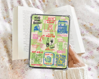 Pink checkered Kindle insert with hand drawn bookish designs green kindle insert halo graphic kindle card stock