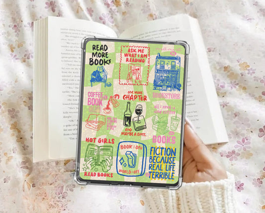 Pink checkered Kindle insert with hand drawn bookish designs green kindle insert halo graphic kindle card stock