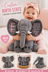 Personalized Baby Birth Stats Elephant – Custom Name & Newborn Keepsake Hippo Boutique