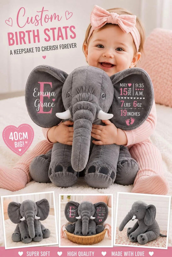 Personalized Baby Birth Stats Elephant – Custom Name & Newborn Keepsake Hippo Boutique